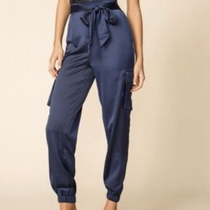 Superdown Rachel Navy Satin Cargo Pants